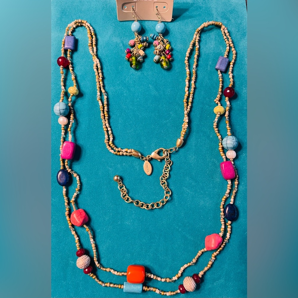 Chicos Multi Colored Beaded Necklace and Earring Set Necklace 15” Earrings 2”